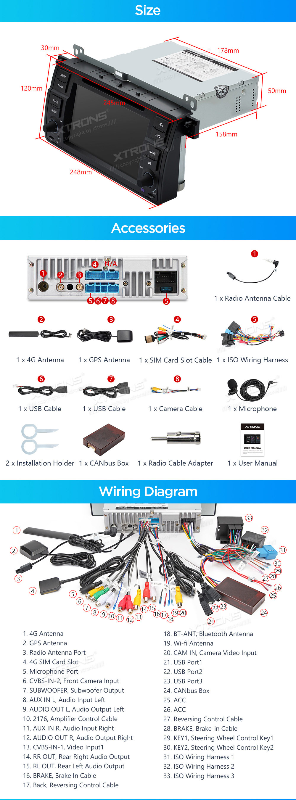 XTRONS PX7446BGS XTRONS PX7446BGS mõõdud ühendamine ja pistikute skeem