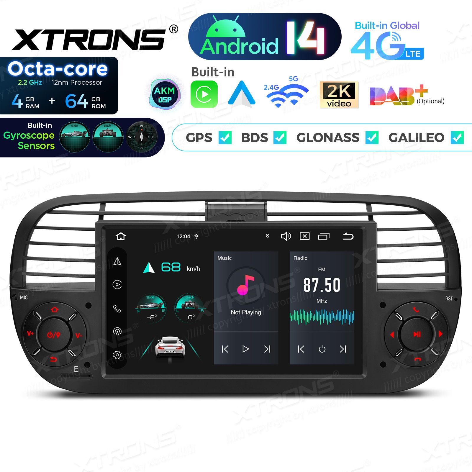 Fiat 500 (2007-2015) Android 14  | CarPlay Android multimeedia keskus