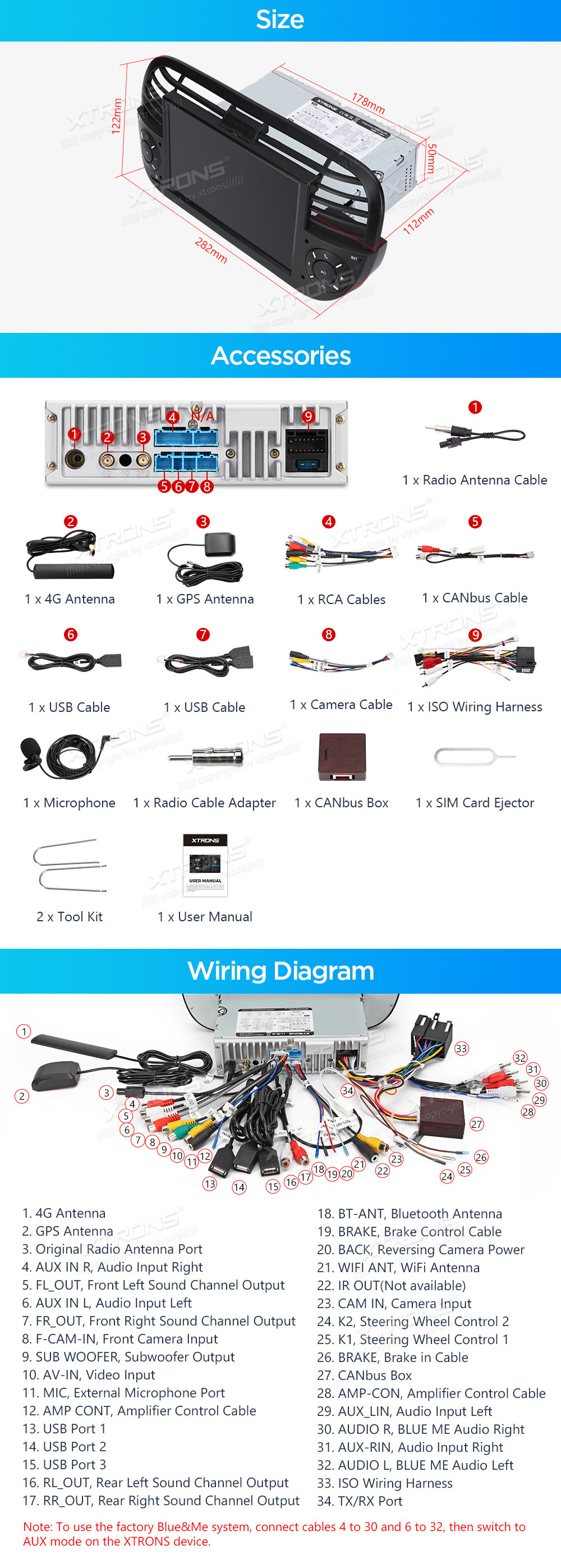 XTRONS PX7450FBLGS XTRONS PX7450FBLGS mõõdud ühendamine ja pistikute skeem