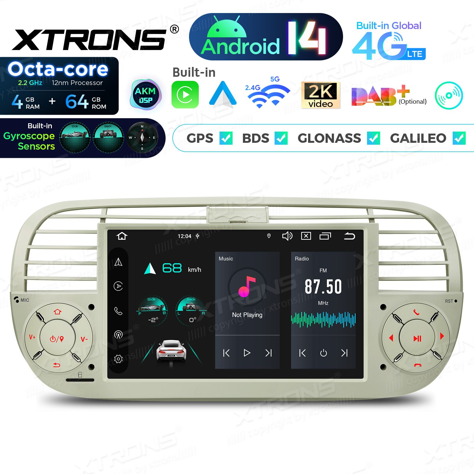 Fiat 500 (2007-2015) Android 14 | auto GPS radio ja multimedia näyttösoitin