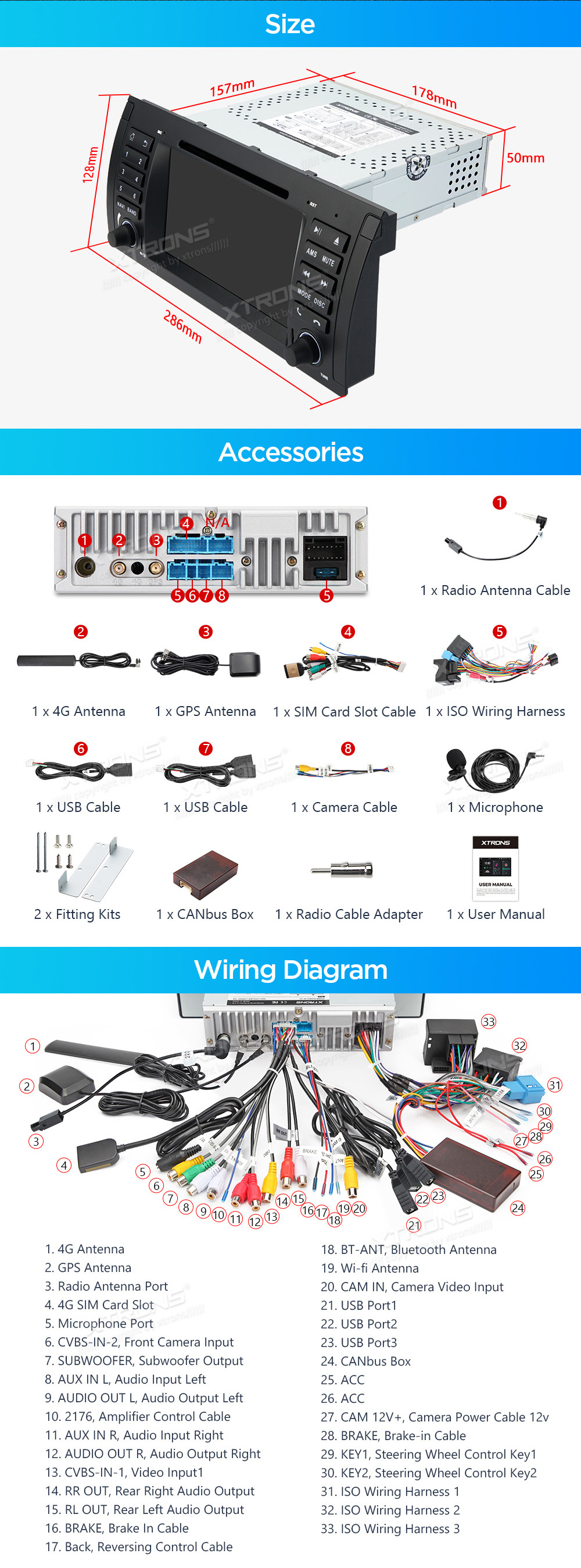 XTRONS PX7453BGS XTRONS PX7453BGS mõõdud ühendamine ja pistikute skeem