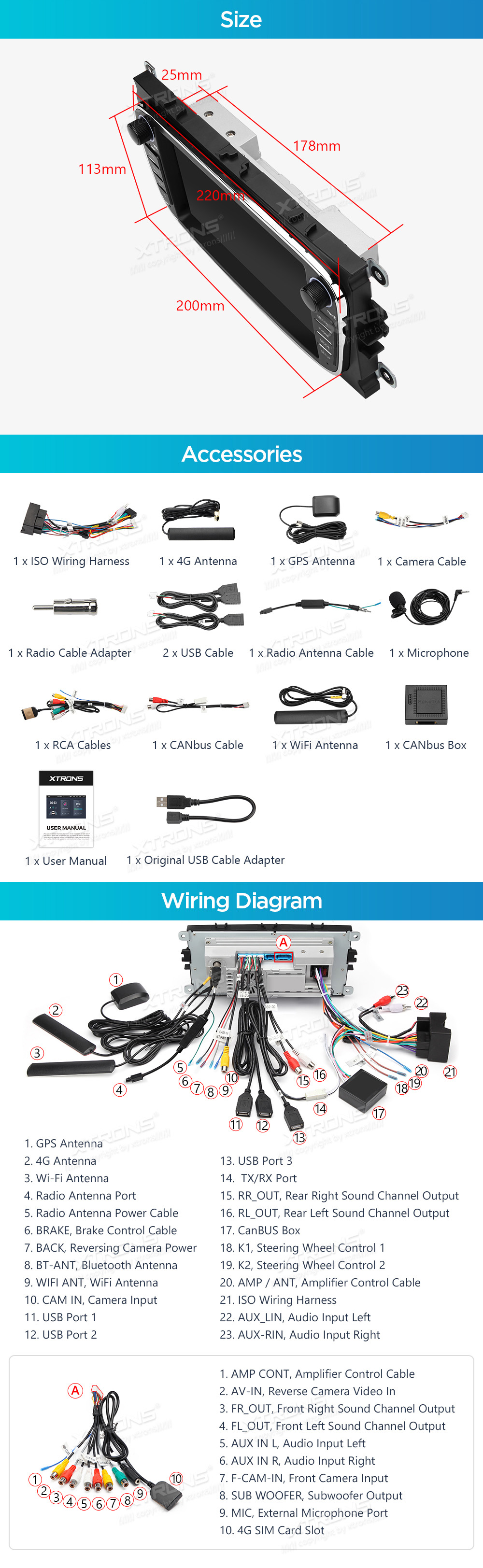 XTRONS PX74FSFBL XTRONS PX74FSFBL mõõdud ühendamine ja pistikute skeem