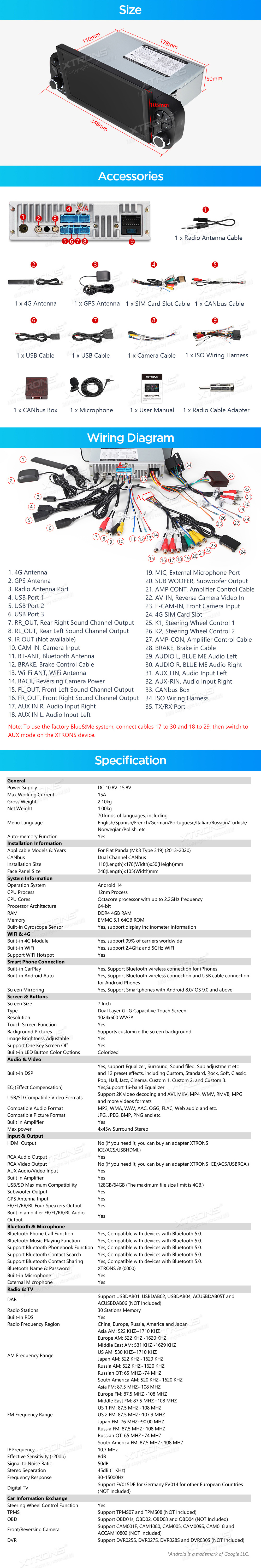 XTRONS PX74PDFLGS XTRONS PX74PDFLGS mõõdud ühendamine ja pistikute skeem