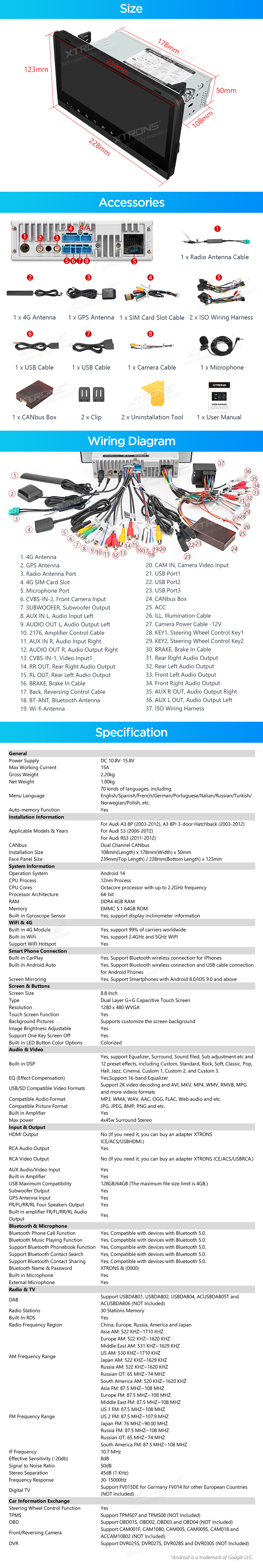 XTRONS PX84AA3LHGS XTRONS PX84AA3LHGS mõõdud ühendamine ja pistikute skeem