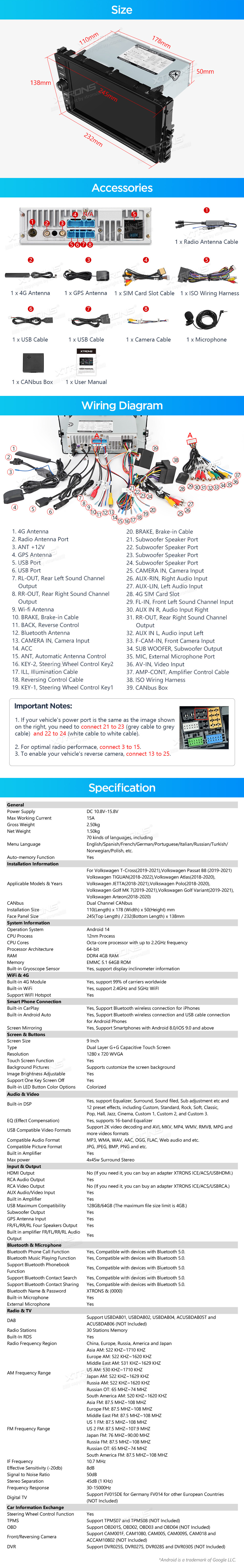 XTRONS PX94MTNVGS XTRONS PX94MTNVGS mõõdud ühendamine ja pistikute skeem