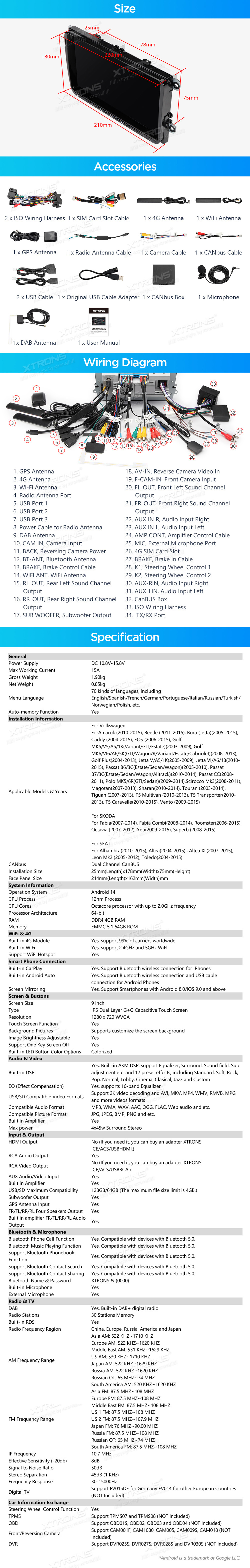 XTRONS PX94MTVDAB XTRONS PX94MTVDAB mõõdud ühendamine ja pistikute skeem