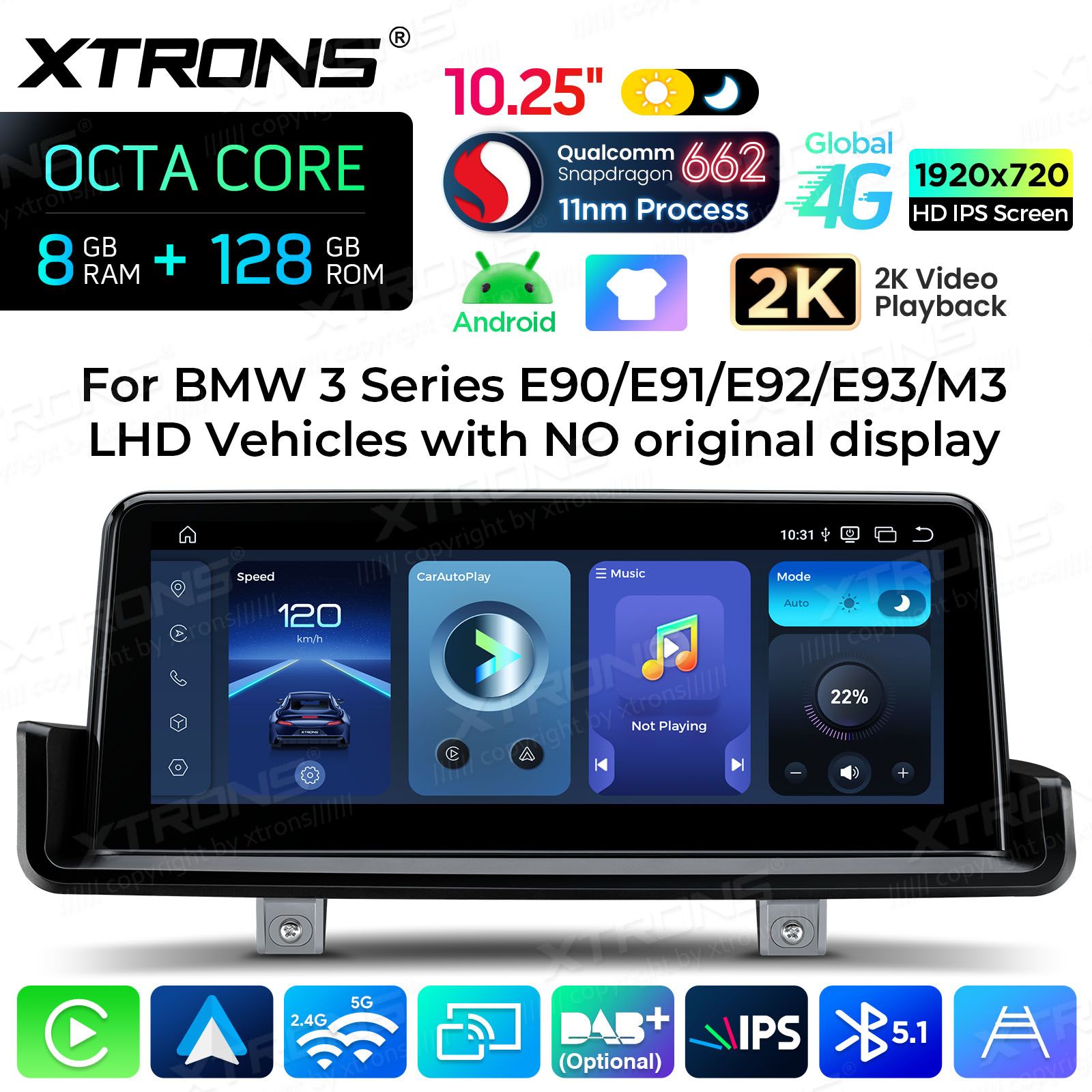 8+128Gb | 10.25"  | BMW 3. ser. E90 | E91 | E92 | E93 (2005-2012) w/o orig. screen Android 14 Auto multivides atskaņotājs ar GPS navigāciju