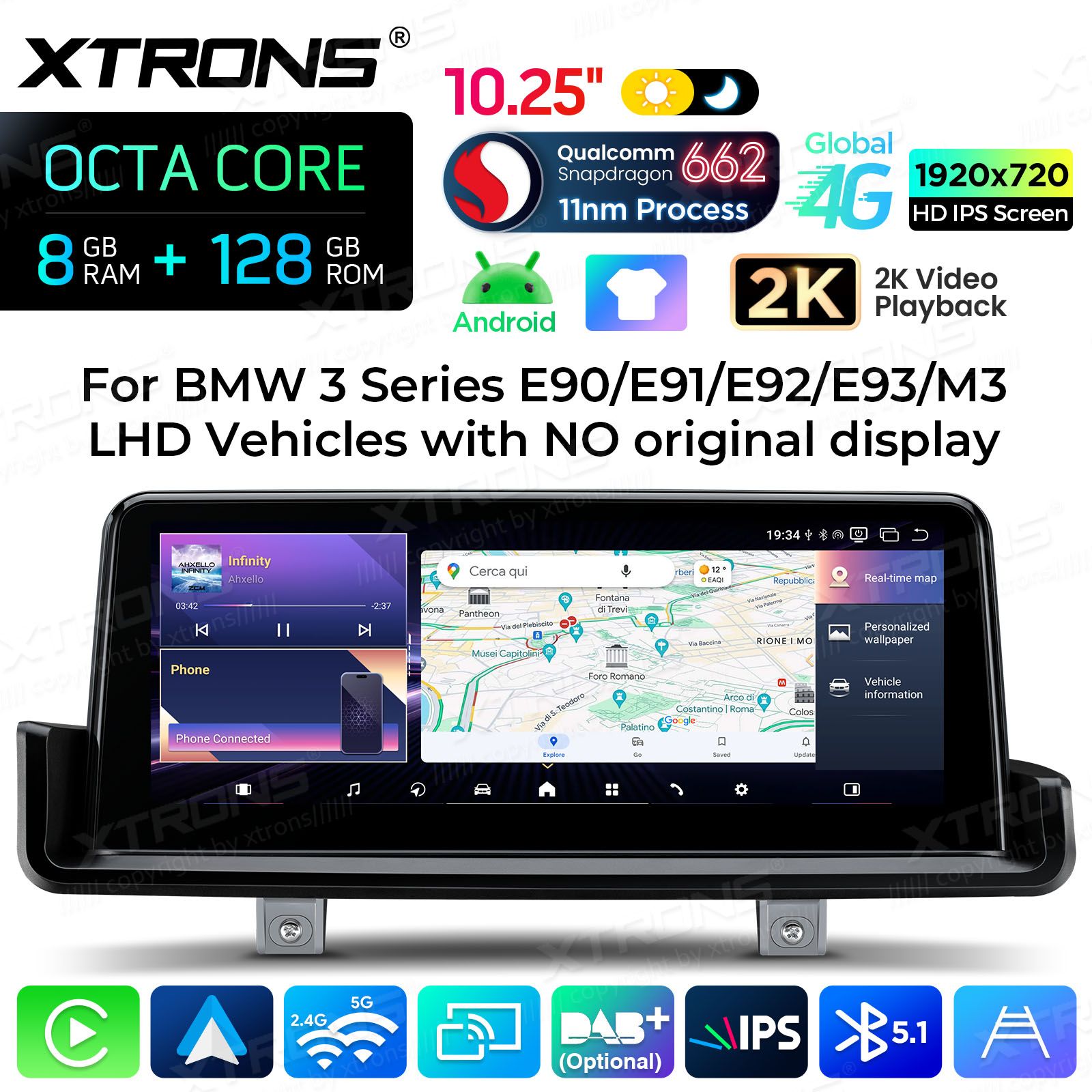 8+128Gb | 10.25"  | BMW 3. ser. E90 | E91 | E92 | E93 (2005-2012) w/o orig. screen Android 14 GPS autoraadio ja multimeedia keskus