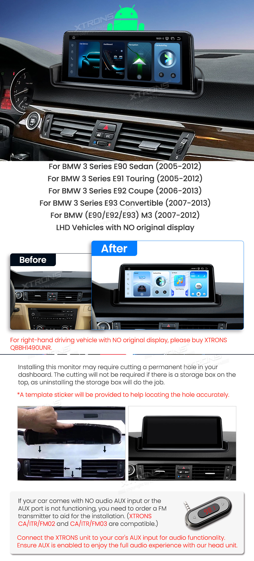 BMW 3. ser. E90 | E91 | E92 | E93 (2005-2012) w/o orig. screen  custom fit multimedia radio suitability for the car