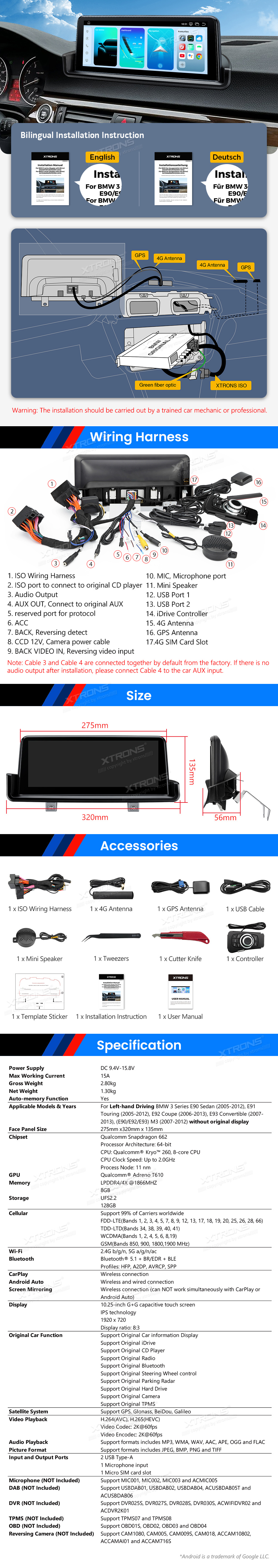 BMW 3. ser. E90 | E91 | E92 | E93 (2005-2012) w/o orig. screen  XTRONS QBBH1490UNL XTRONS QBBH1490UNL Wiring Diagram and size