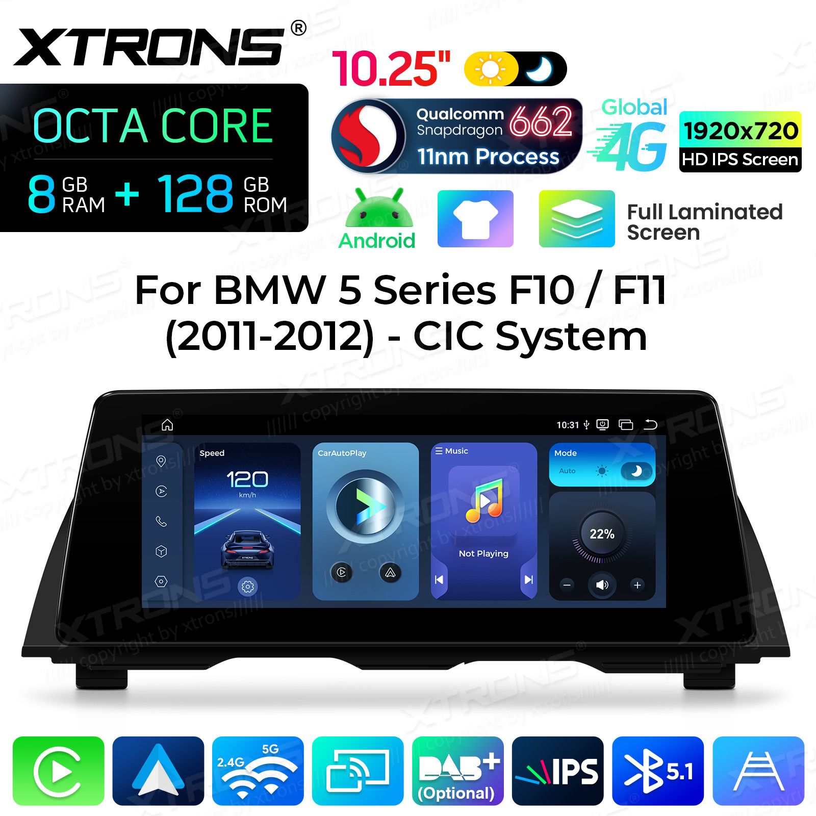8+128Gb | 10.25"  | BMW 5. ser. BMW F10 | F11 iDrive CIC (2010-2012) Android 14 Auto multivides atskaņotājs ar GPS navigāciju