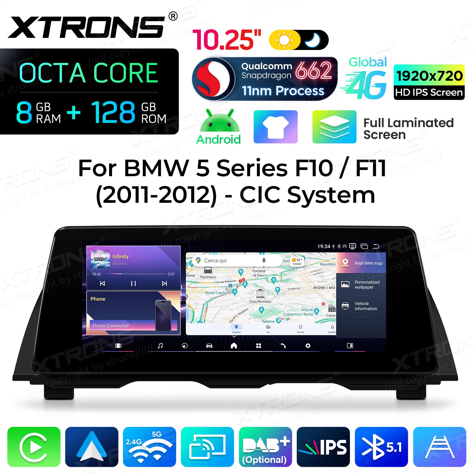 8+128Gb | 10.25"  | BMW 5. ser. BMW F10 | F11 iDrive CIC (2010-2012) Android 14 GPS autoraadio ja multimeedia keskus
