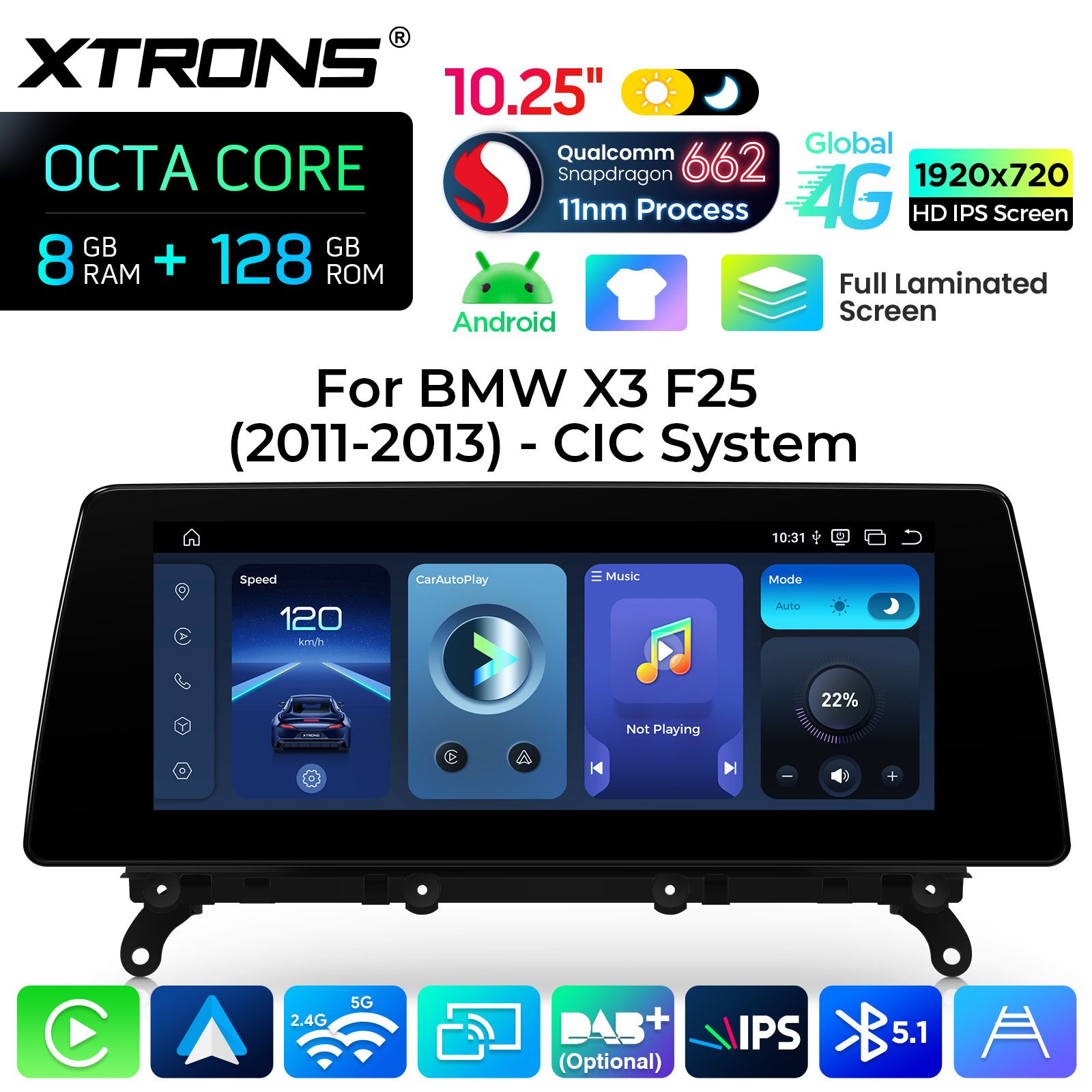 8+128Gb | 10.25"  | BMW X3 F25 iDrive CIC (2011-2013) Android 14 Car Multimedia Player with GPS Navigation