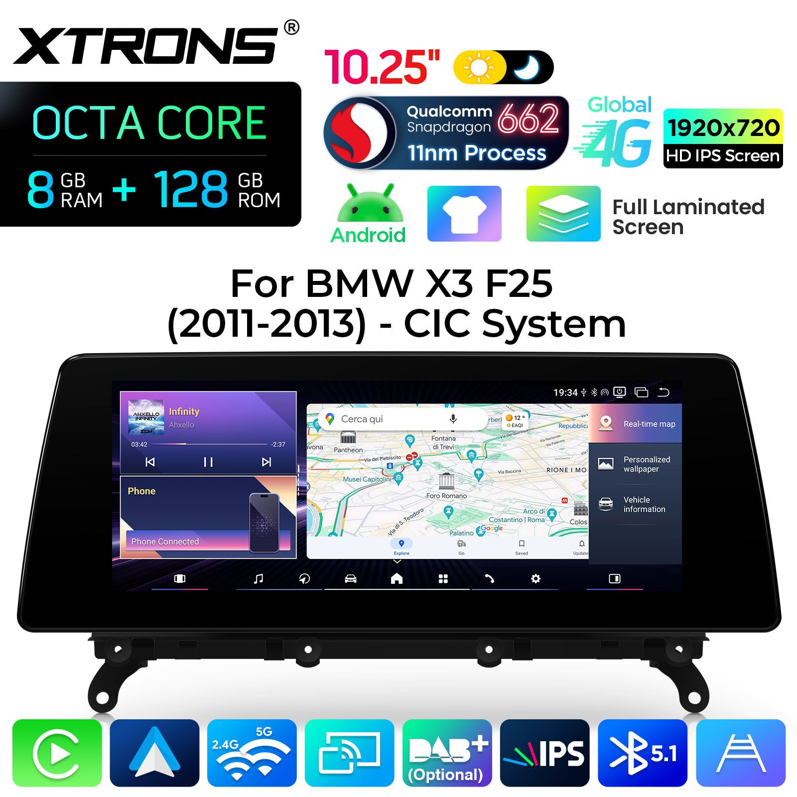 8+128Gb | 10.25"  | BMW X3 F25 iDrive CIC (2011-2013) Android 14 GPS autoraadio ja multimeedia keskus