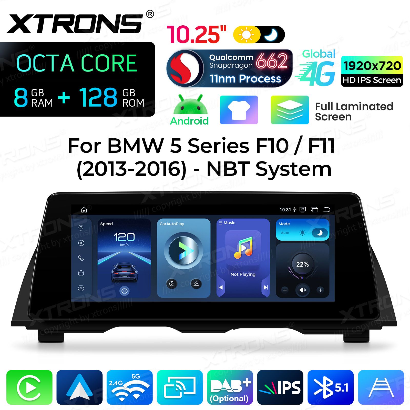 8+128Gb | 10.25"  | BMW 5. ser. BMW F10 | F11 iDrive NBT (2013-2016) Android 14 Auto multivides atskaņotājs ar GPS navigāciju
