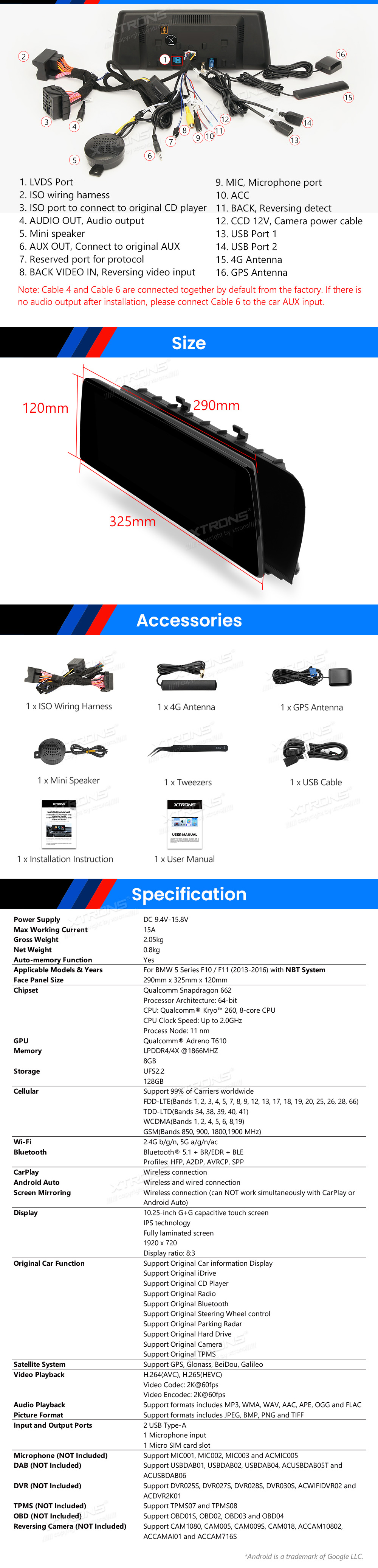 BMW 5. ser. BMW F10 | F11 iDrive NBT (2013-2016)  XTRONS QBBH14NB12FV XTRONS QBBH14NB12FV Wiring Diagram and size