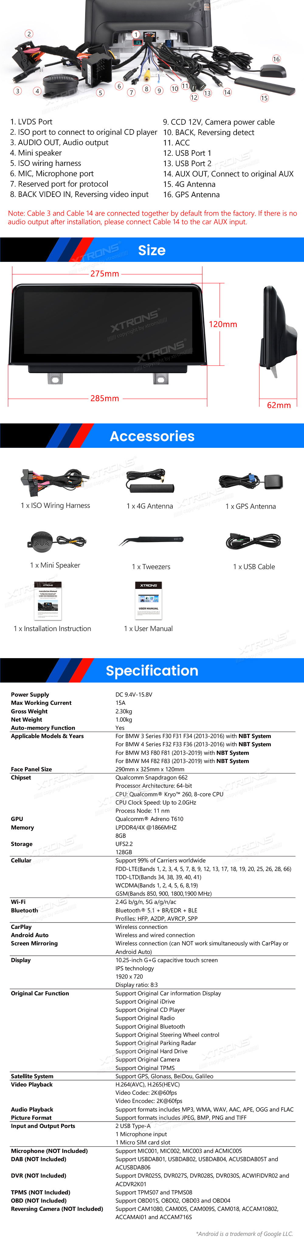 BMW 3.ser | BMW 4.ser | F30 | F32 | (2013-2016)  XTRONS QBBH14NBTH XTRONS QBBH14NBTH Wiring Diagram and size