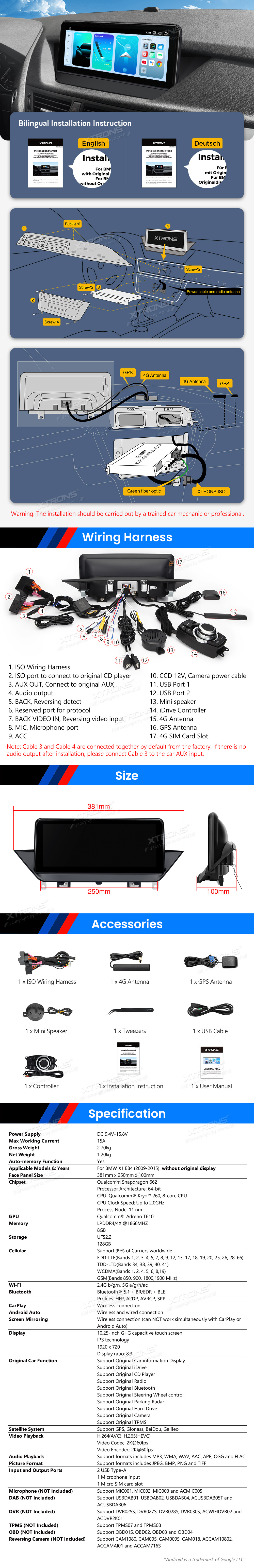 BMW X1 E84 (2009-2015) w/o orig. screen  XTRONS QBBH14X1UN XTRONS QBBH14X1UN Wiring Diagram and size
