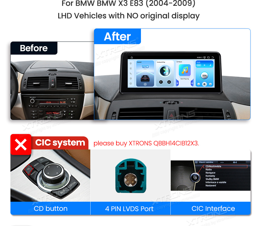 BMW X3 E83 (2004-2009) w/o orig. screen  custom fit multimedia radio suitability for the car