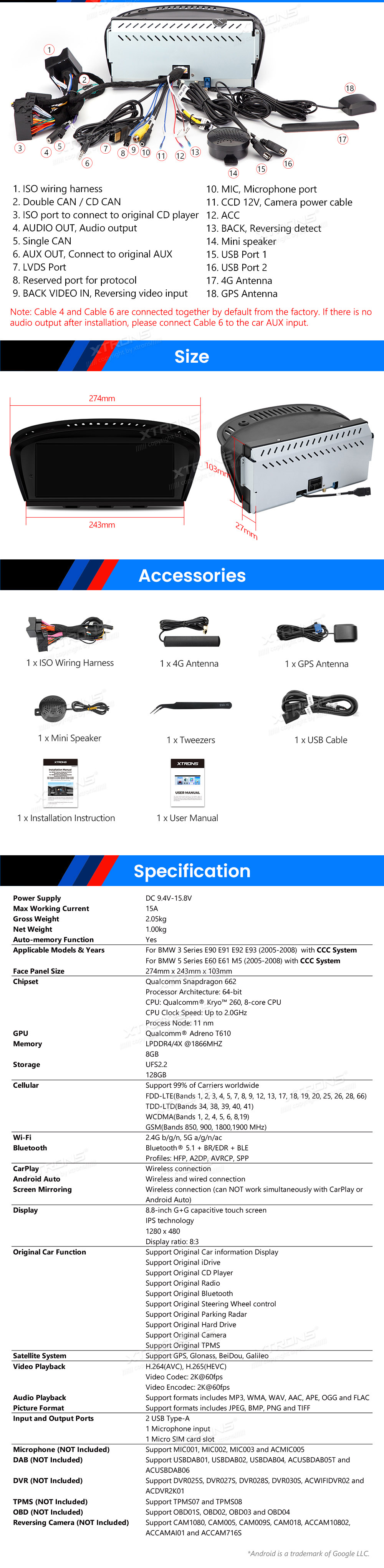 BMW 5.ser | E60 | E61 | iDrive CCC (2005-2008)  XTRONS QBBH8460CC XTRONS QBBH8460CC Wiring Diagram and size