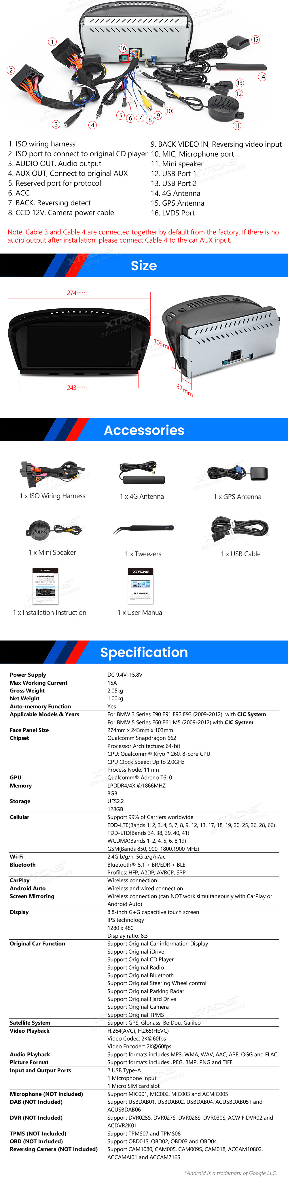 BMW 5.ser | E60 | E61 | iDrive CIC (2008-2010)  XTRONS QBBH8460CI XTRONS QBBH8460CI Wiring Diagram and size