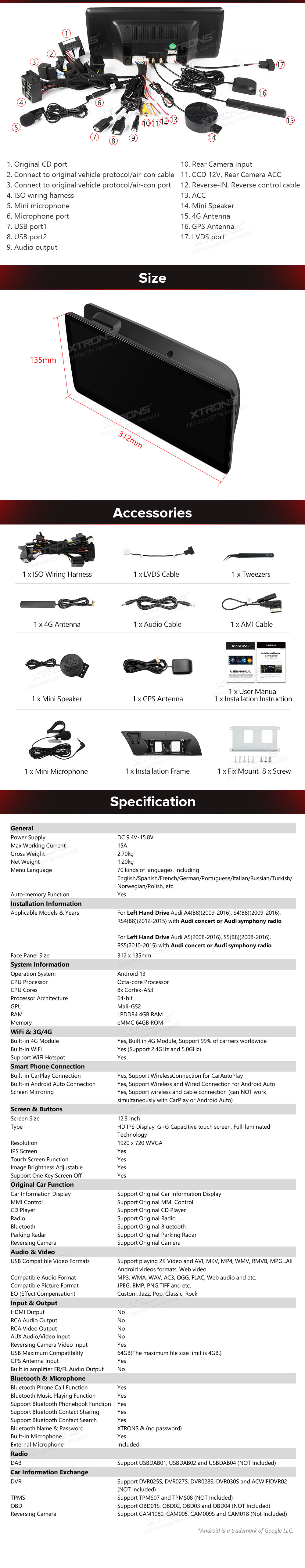 Audi A4 (2009 - 2016) | A5 (2008-2015) | Audi concert | Audi symphony  XTRONS QLA22UCA12A4L XTRONS QLA22UCA12A4L Wiring Diagram and size