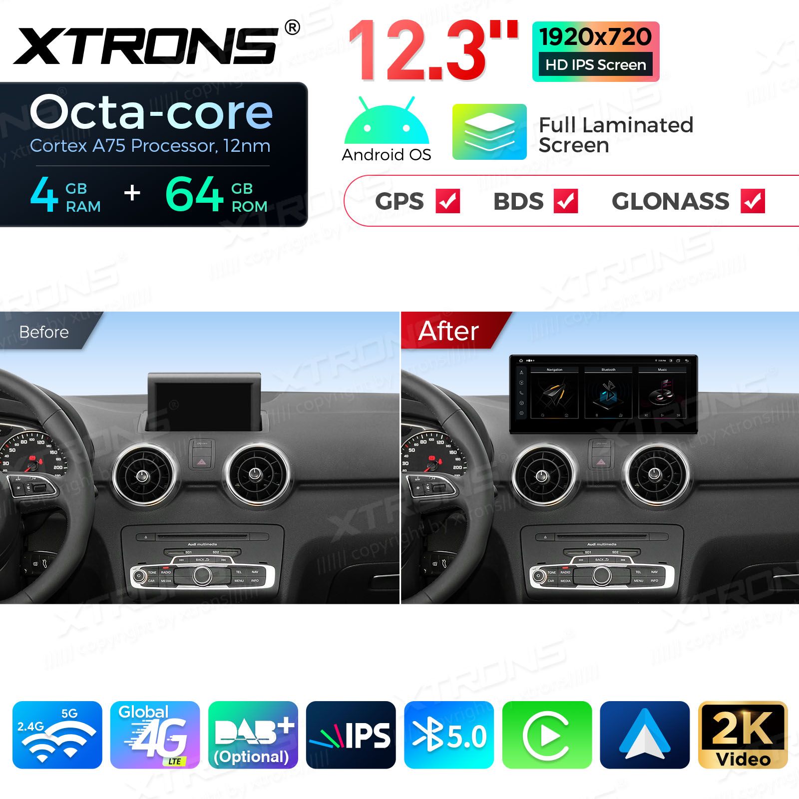 4+64Gb | 12.3" | Audi A1 (2010-2018) MMI 3G/RMC System Android 13 GPS autoraadio ja multimeedia keskus
