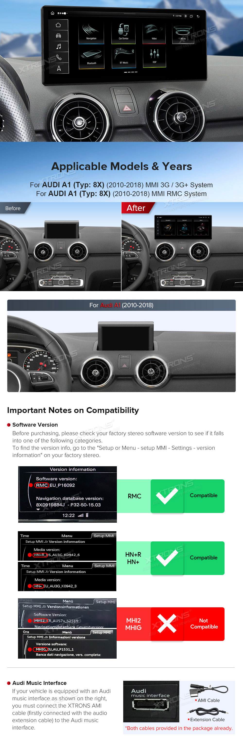 Audi A1 (2010-2018) MMI 3G/RMC System  custom fit multimedia radio suitability for the car