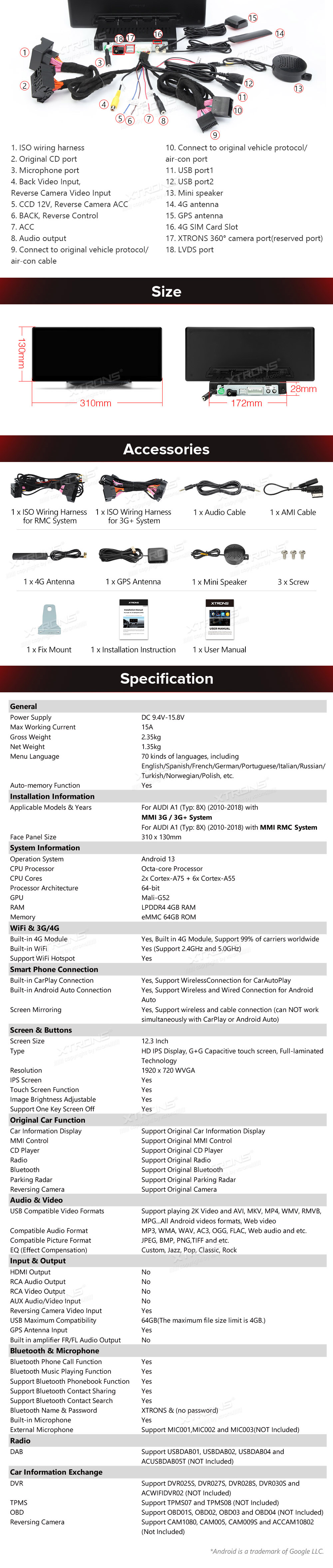 Audi A1 (2010-2018) MMI 3G/RMC System  XTRONS QLA23A1 XTRONS QLA23A1 Wiring Diagram and size