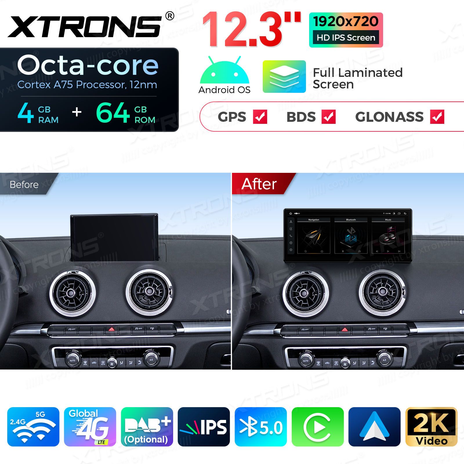 4+64Gb | 12.3" | Audi A3 (2013-2018) MIB2 System Android 13 GPS autoraadio ja multimeedia keskus