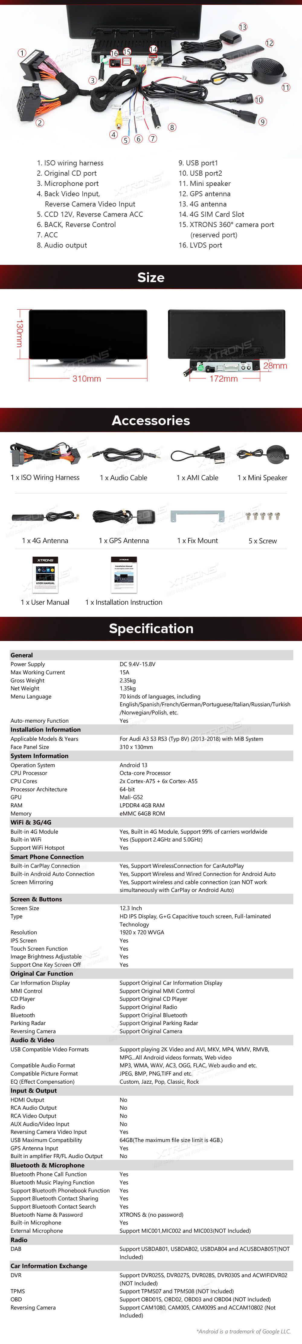 Audi A3 (2013-2018) MIB2 System  XTRONS QLA23A3 XTRONS QLA23A3 Wiring Diagram and size