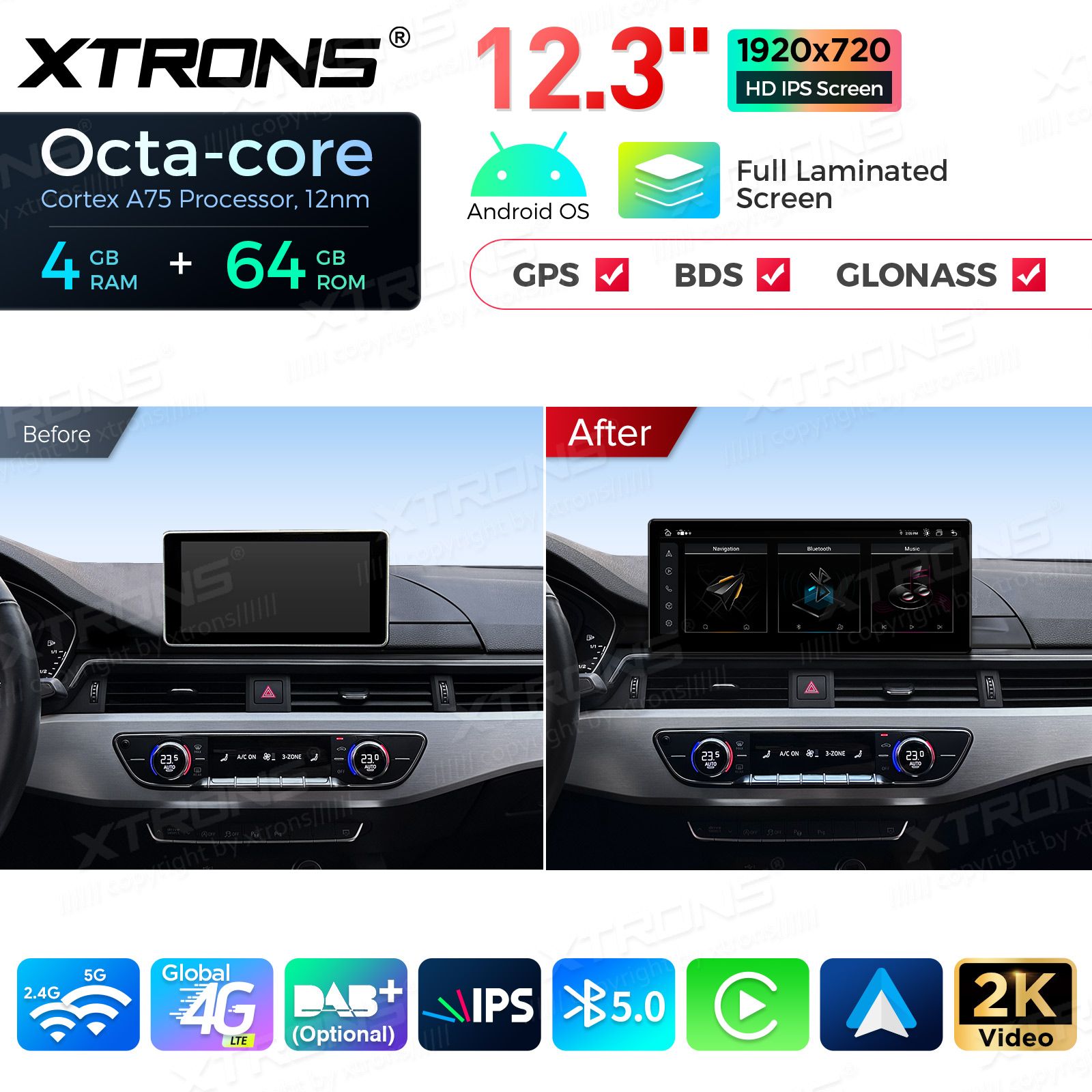 4+64Gb | 12.3" | Audi A4 | A5 | B9 | (2016-2020) MIB2 System Android 13 GPS autoraadio ja multimeedia keskus