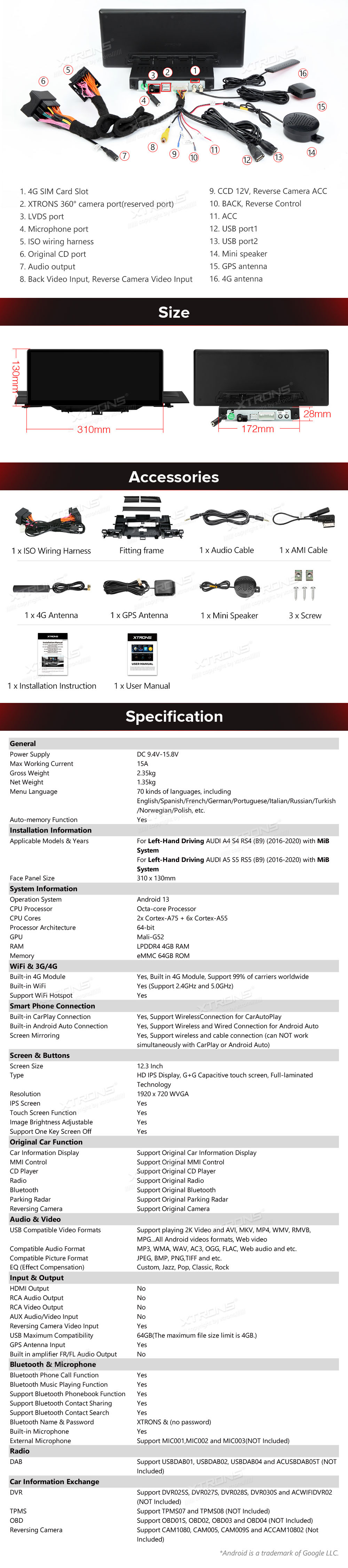 Audi A4 | A5 | B9 | (2016-2020) MIB2 System  XTRONS QLA23A4NL XTRONS QLA23A4NL Wiring Diagram and size