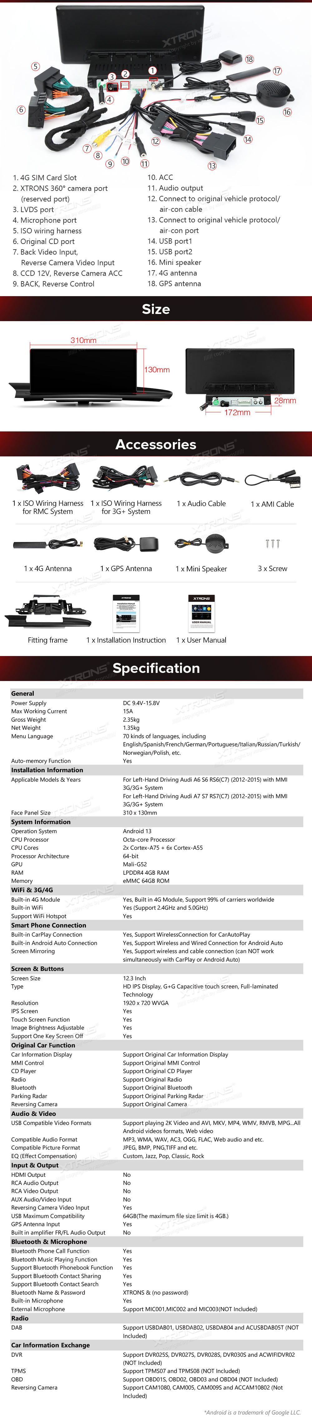 Audi A6 | C7 (2012-2015) MMI 3G/3G+ System  XTRONS QLA23A6L XTRONS QLA23A6L Wiring Diagram and size