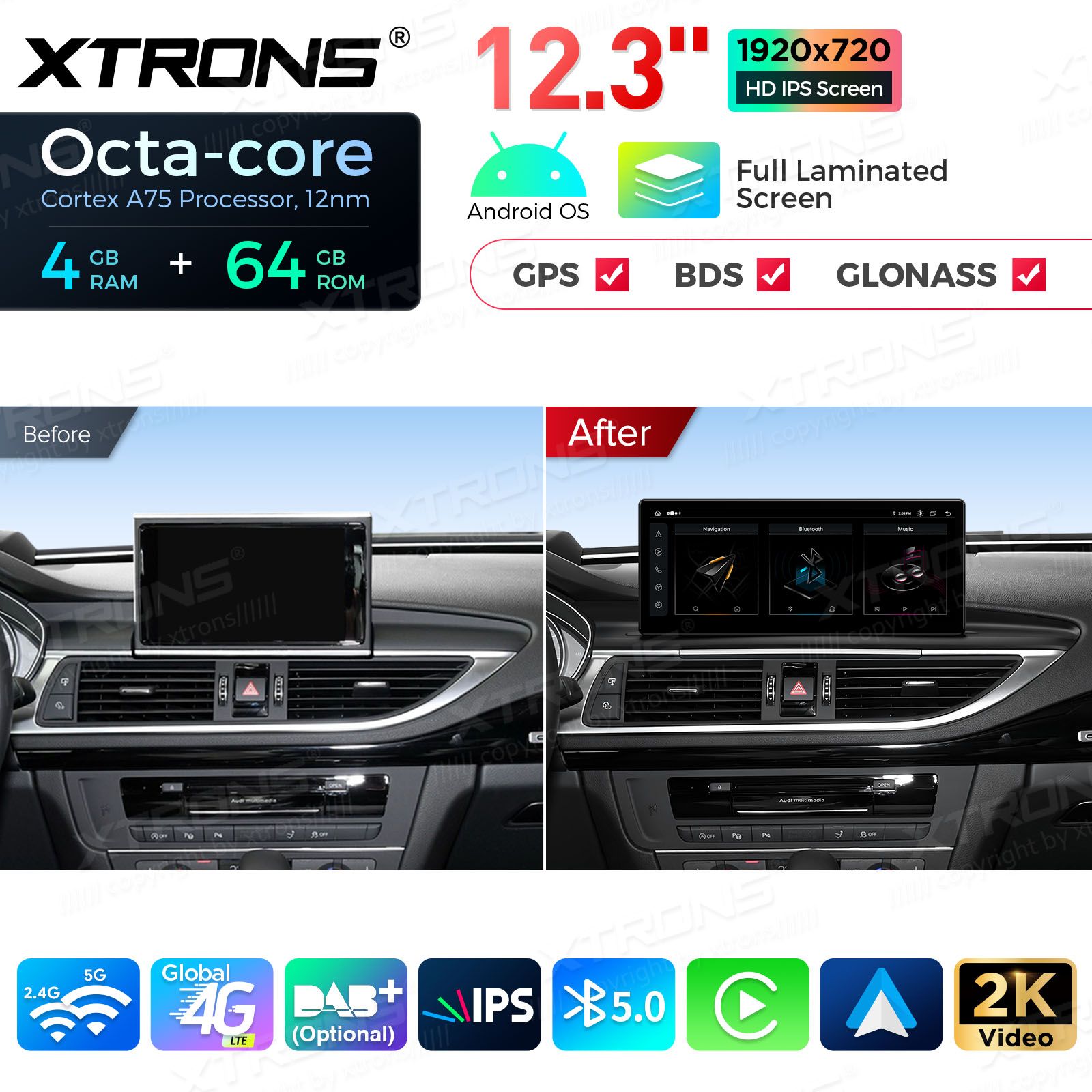 4+64Gb | 12.3" | Audi A6 | C7 (2016-2018) MIB2 System Android 13 GPS autoraadio ja multimeedia keskus
