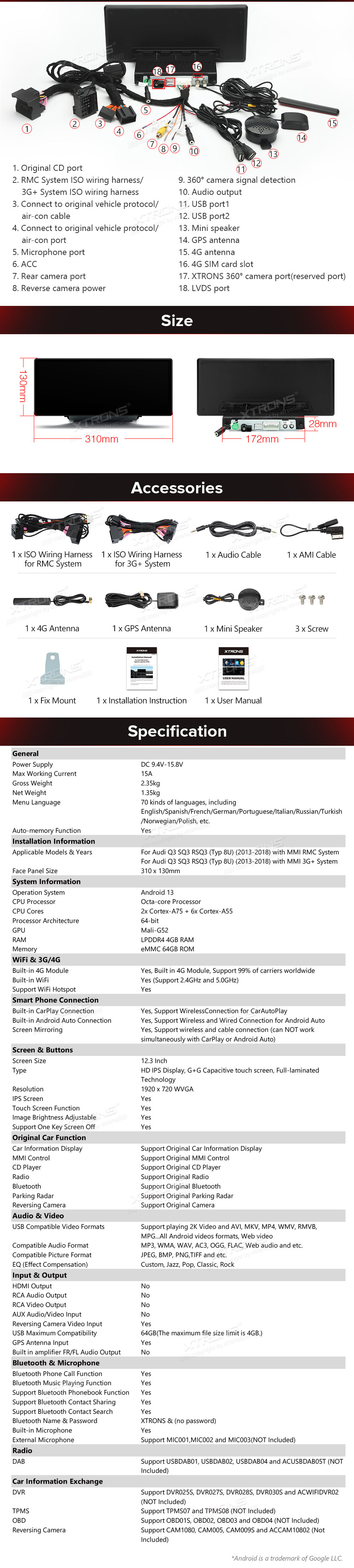 Audi Q3 (2013-2018) MMI 3G/RMC System  XTRONS QLA23Q3 XTRONS QLA23Q3 Wiring Diagram and size
