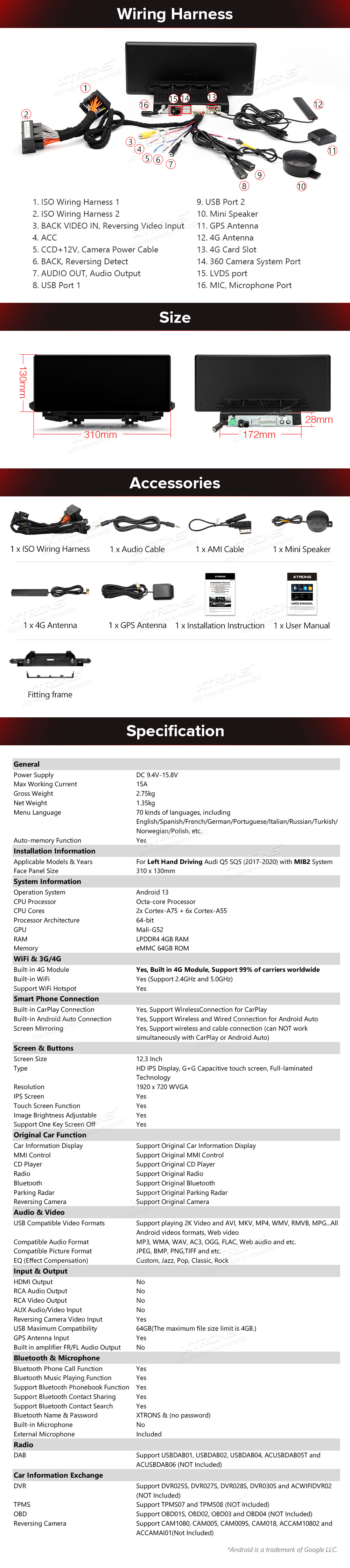 Audi Q5 | SQ5 (2017-2020) MIB2 System  XTRONS QLA23Q5NL XTRONS QLA23Q5NL Wiring Diagram and size