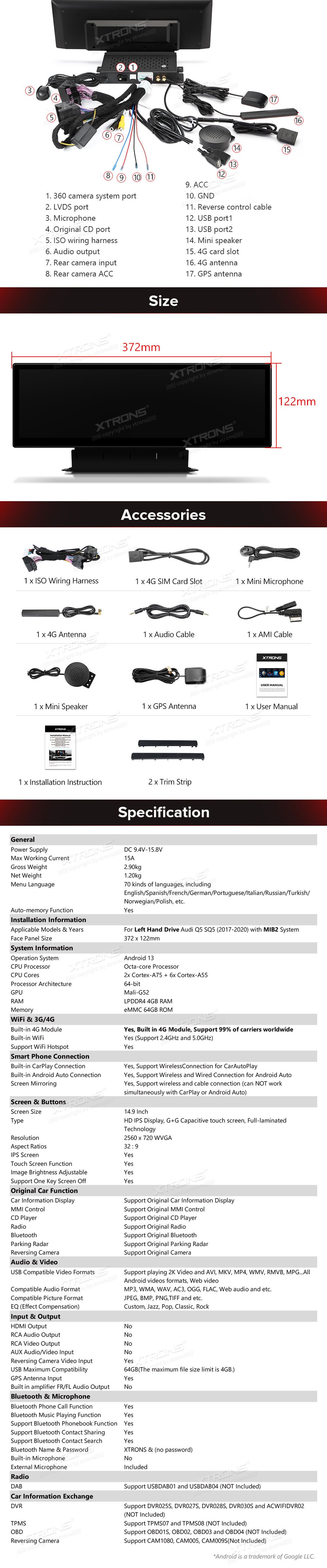 Audi Q5 | SQ5 (2017-2020) MIB2 System  XTRONS QLA42Q5NL XTRONS QLA42Q5NL Wiring Diagram and size