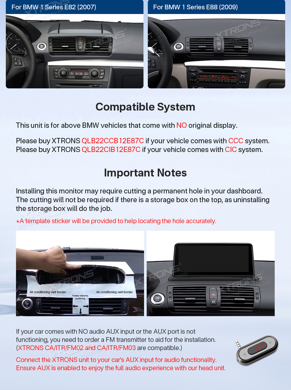 BMW 1. ser. E81 | E82 | E87 | E88 (2004-2012) w/o orig. screen  custom fit multimedia radio suitability for the car