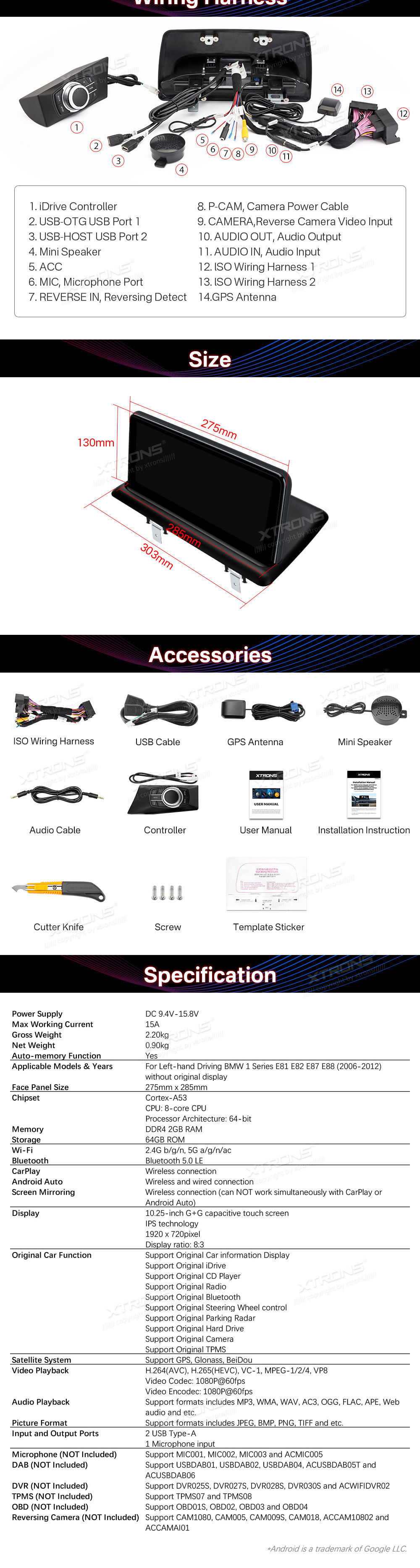 BMW 1. ser. E81 | E82 | E87 | E88 (2004-2012) w/o orig. screen  XTRONS QTB1087UNL XTRONS QTB1087UNL Wiring Diagram and size