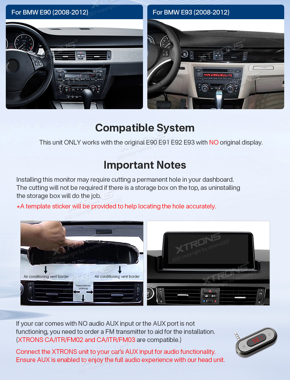 BMW 3. ser. E90 | E91 | E92 | E93 (2005-2012) w/o orig. screen  custom fit multimedia radio suitability for the car