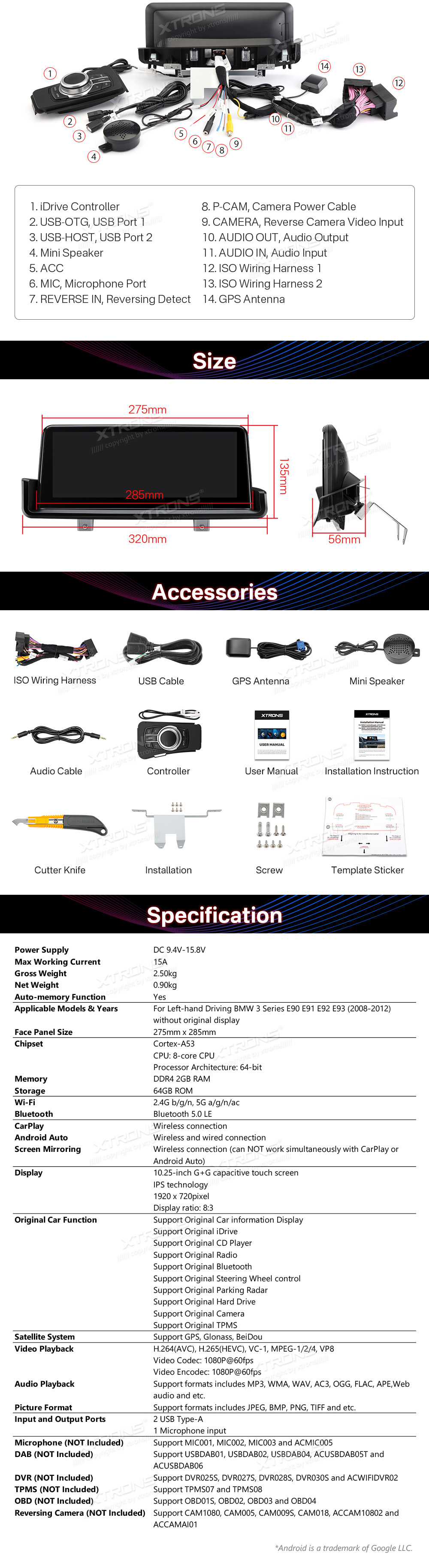 BMW 3. ser. E90 | E91 | E92 | E93 (2005-2012) w/o orig. screen  XTRONS QTB1090UNL XTRONS QTB1090UNL Wiring Diagram and size