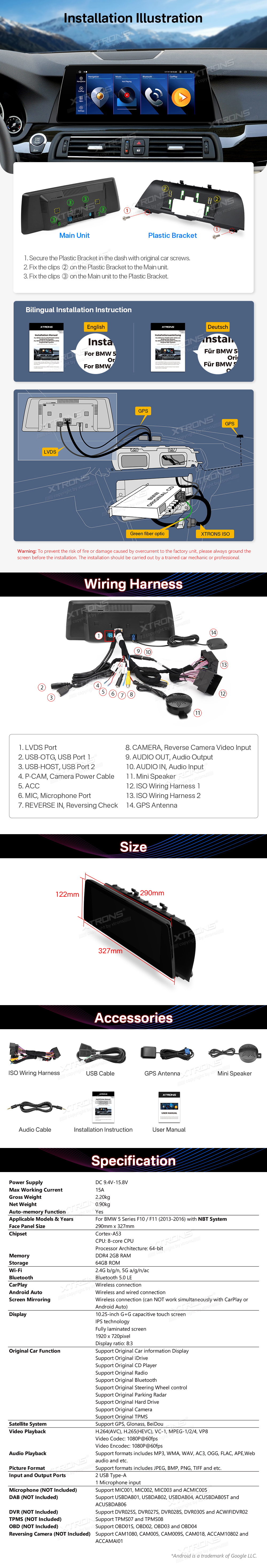 BMW 5. ser. BMW F10 | F11 iDrive NBT (2013-2016)  XTRONS QTB10FVNB XTRONS QTB10FVNB Wiring Diagram and size