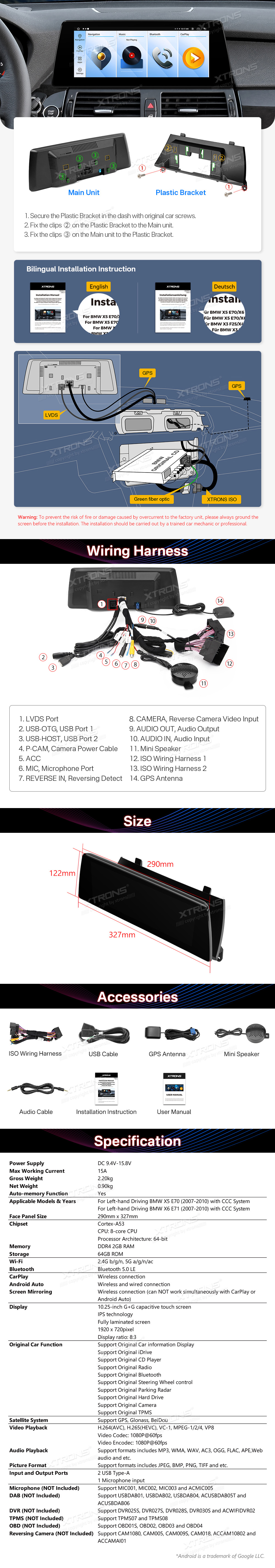 BMW X5 | X6 | E70 | 71 iDrive CCC (2007-2010)  XTRONS QTB10X5CCL XTRONS QTB10X5CCL Wiring Diagram and size