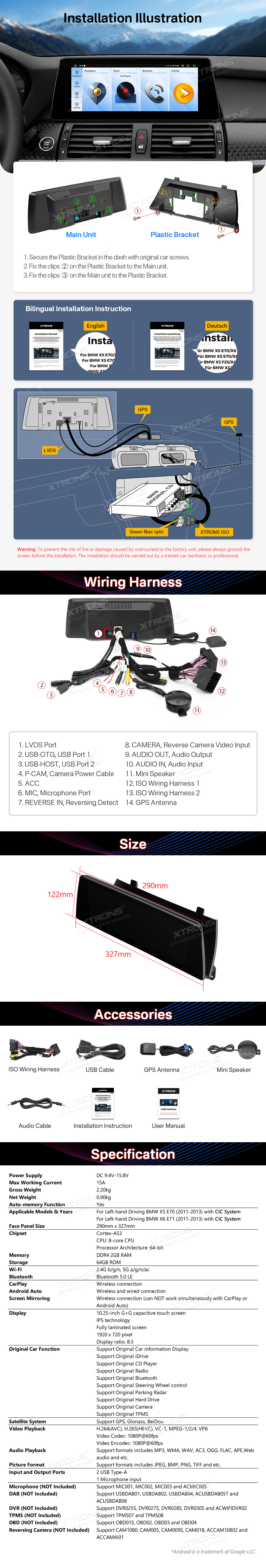 BMW X5 | X6 | E70 | 71 iDrive CIC (2010-2014)  XTRONS QTB10X5CIL XTRONS QTB10X5CIL Wiring Diagram and size