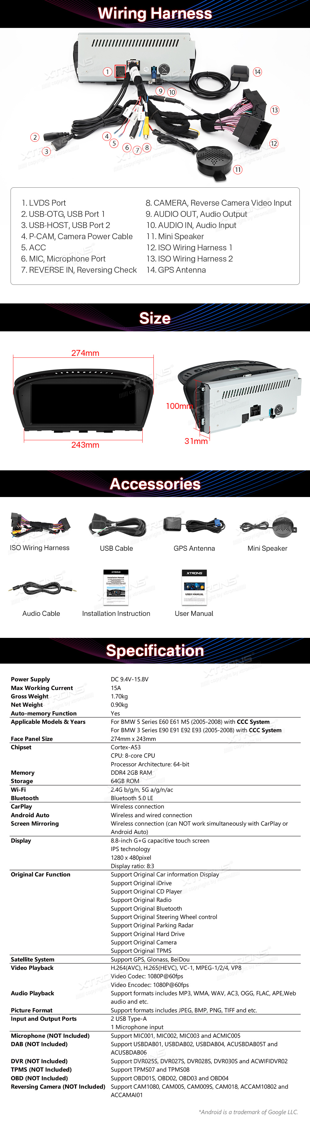 BMW 5.ser | E60 | E61 | iDrive CCC (2005-2008)  XTRONS QTB8060CC XTRONS QTB8060CC Wiring Diagram and size