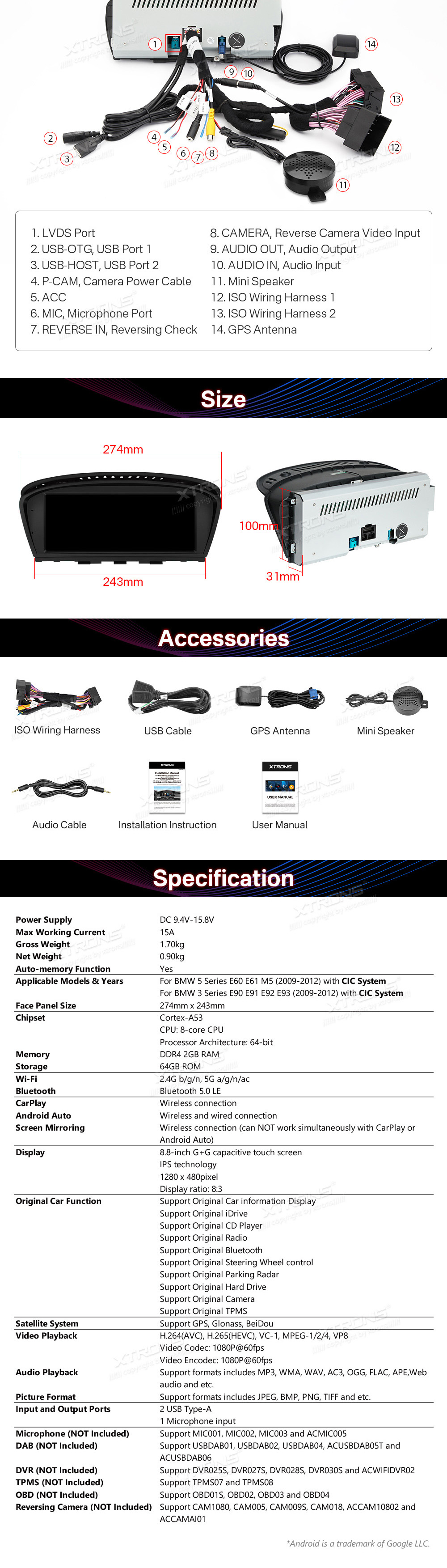 BMW 5.ser | E60 | E61 | iDrive CIC (2008-2010)  XTRONS QTB8060CI XTRONS QTB8060CI Wiring Diagram and size
