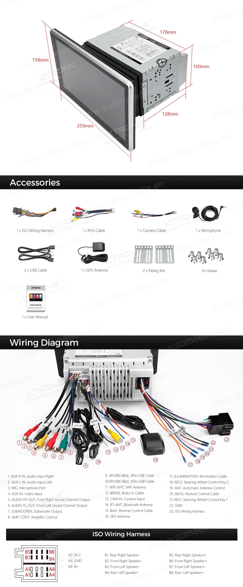 2 DIN XTRONS TME100L XTRONS TME100L Подключения