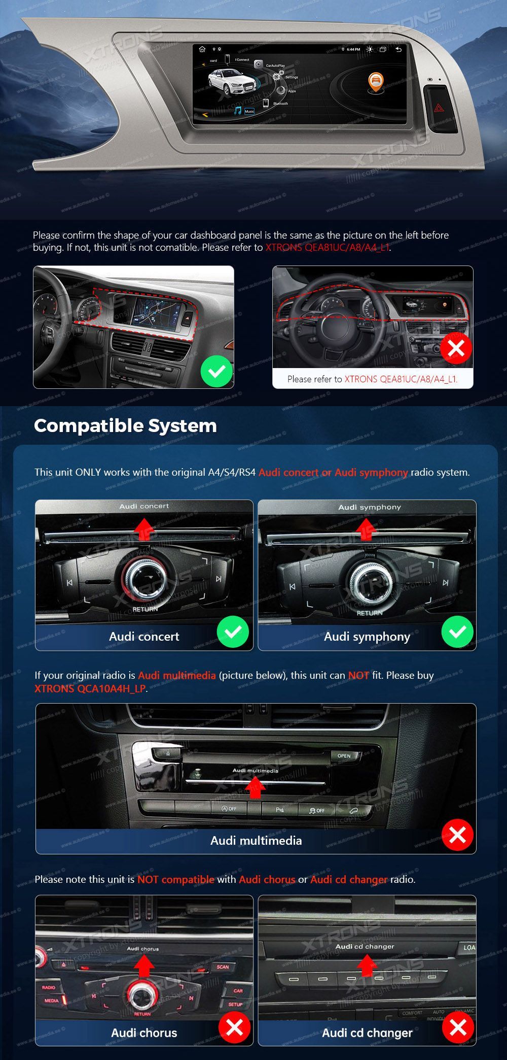 Audi A4 (2009 - 2012)| Audi concert & Audi symphony  custom fit multimedia radio suitability for the car