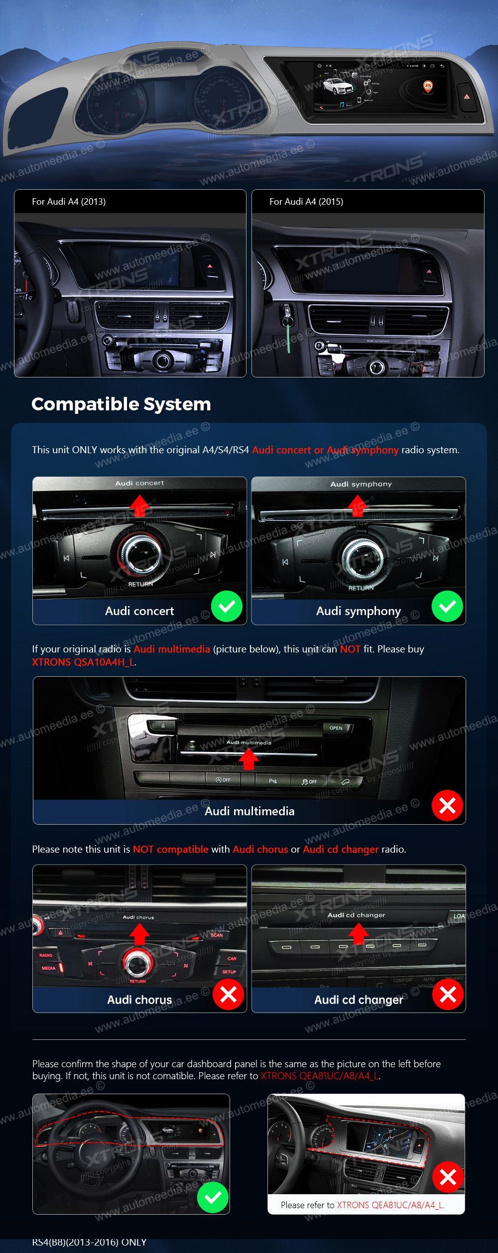 Audi A4 (2013 - 2016)| Audi concert & Audi symphony  совместимость мультимедийного радио в зависимости от модели автомобиля